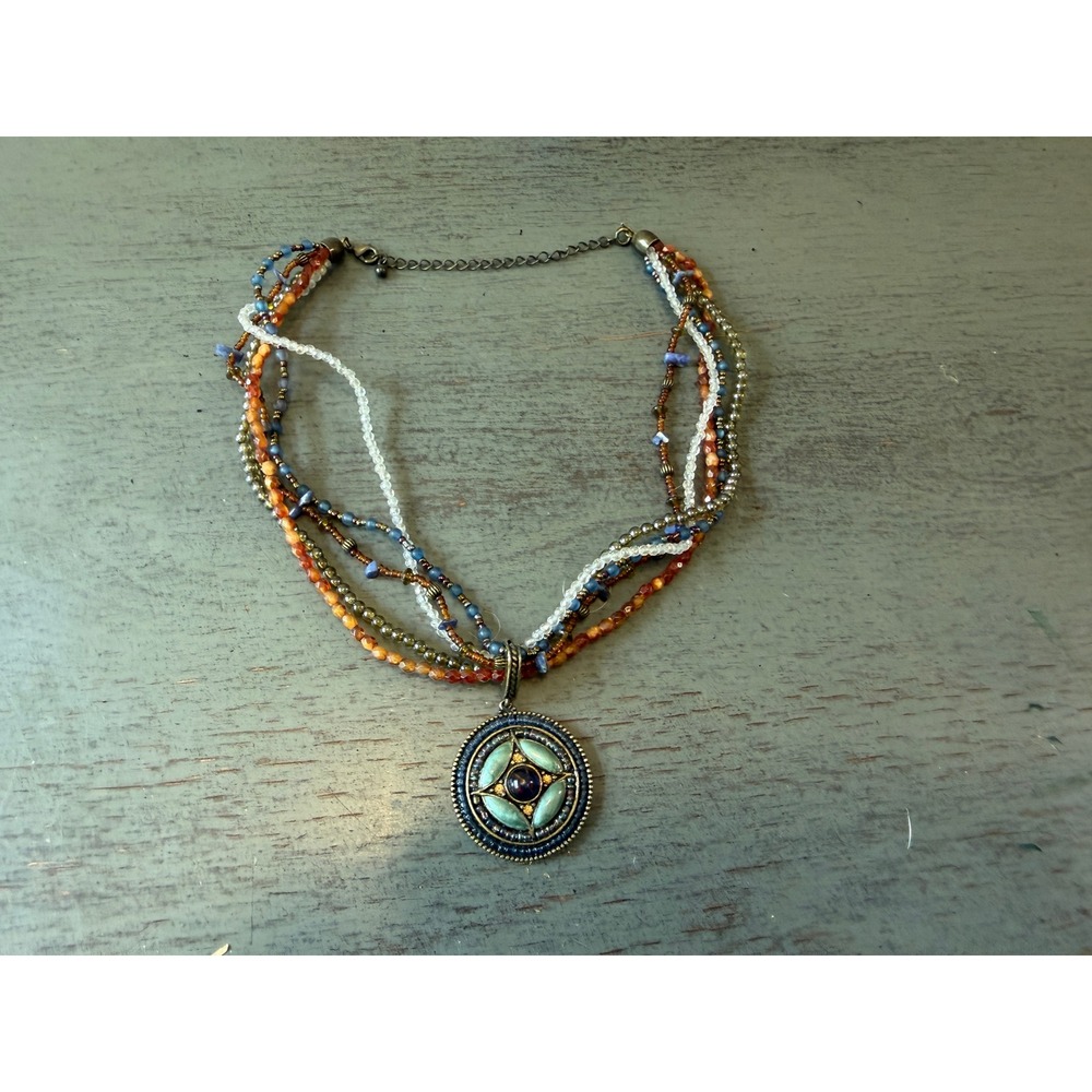 Vintage Multi Strand Beaded Boho Necklace Ornate Medallion Pendant Brass Tone